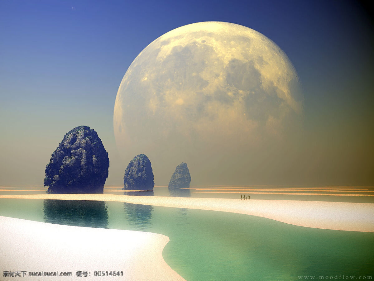 海滩 天边 天空 月球 自然风光 自然景观 月球设计素材 月球模板下载 幻景 遥远 幻象 psd源文件