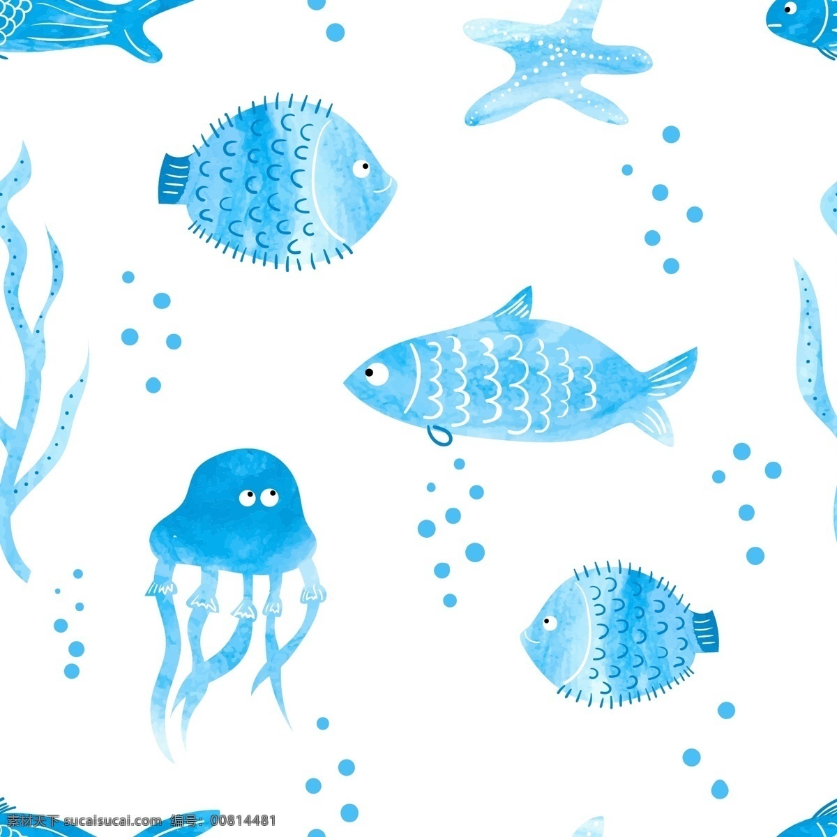 水彩画 海洋 动物 背景 水母 海星 卡通鱼 动物插画 海洋生物 卡通动物 卡通动物漫画 水中生物 生物世界 矢量素材
