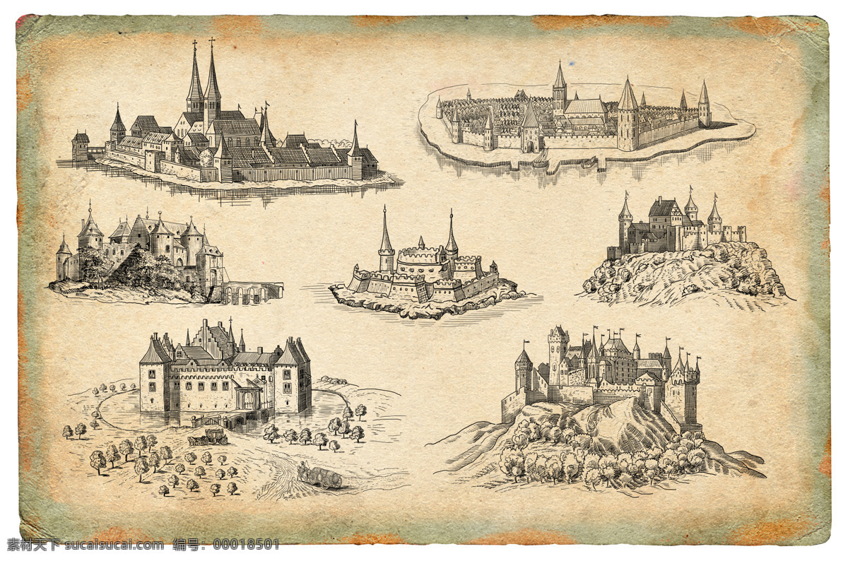 欧洲 城堡 线描 稿 古堡 城池 传统文化 文化艺术