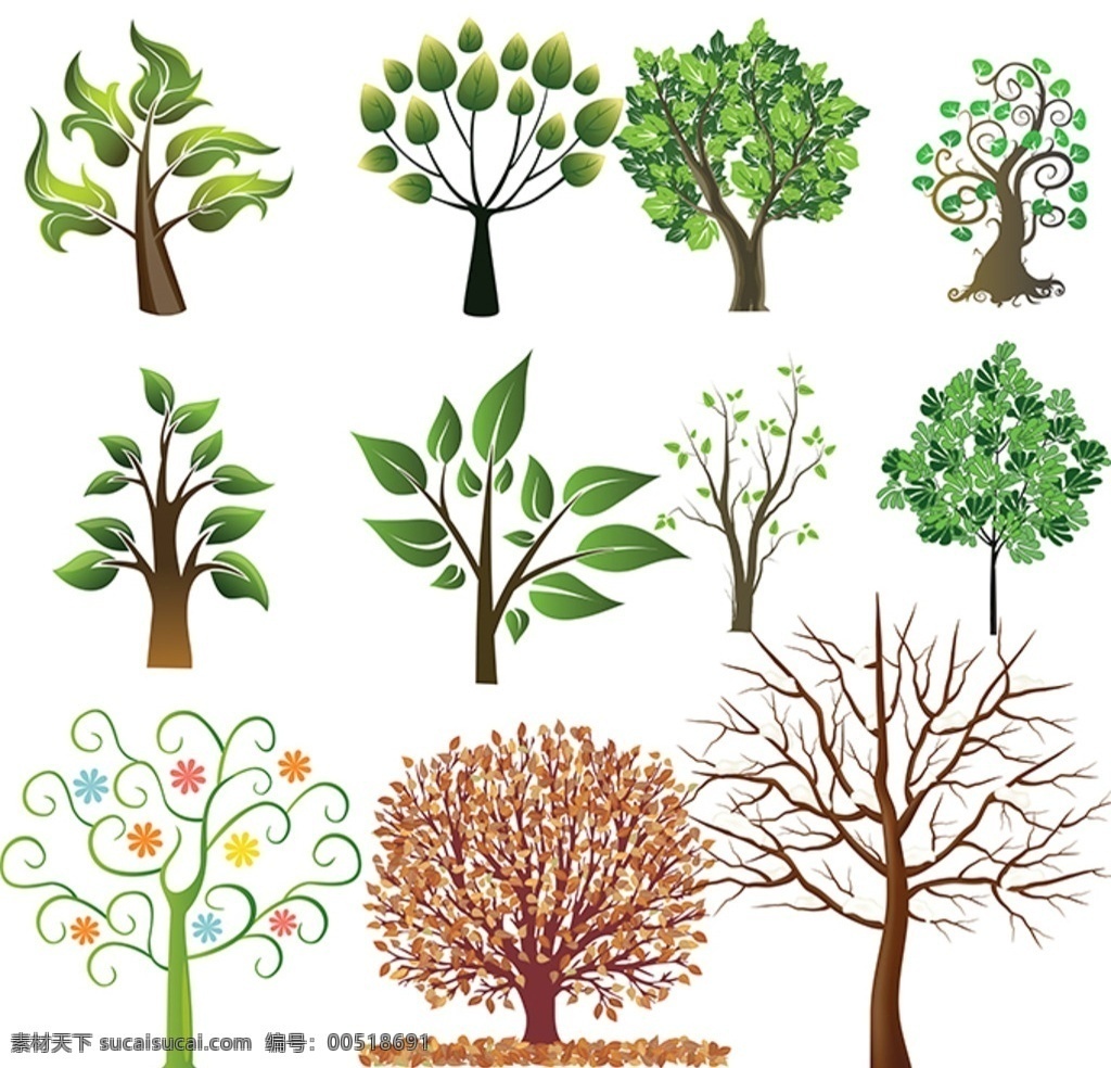 树素材 环保素材 绿树 可爱树 卡通素材 抽象树 矢量树 彩色树 花树 树图标 花卉植物 分层
