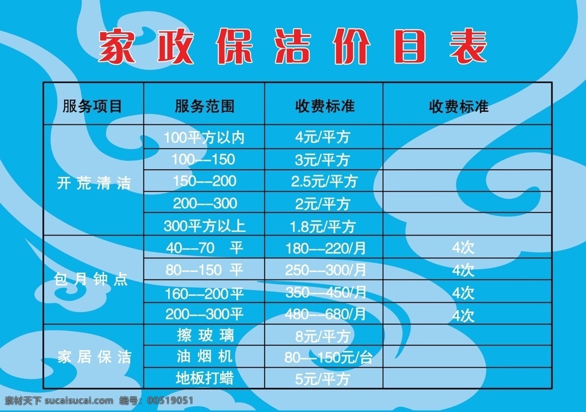 家政保洁 价目表 表格 广告设计模板 祥云 源文件 矢量图 其他矢量图