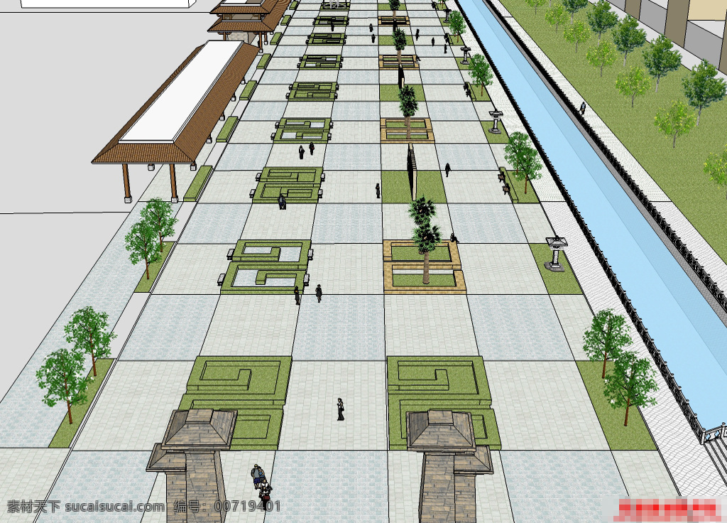 园林广场 广场 园林 景观设计 skp 3d模型 中心广场 树木 园林设计 室外 小区广场 悠闲 花坛 绿化带 小河 灰色