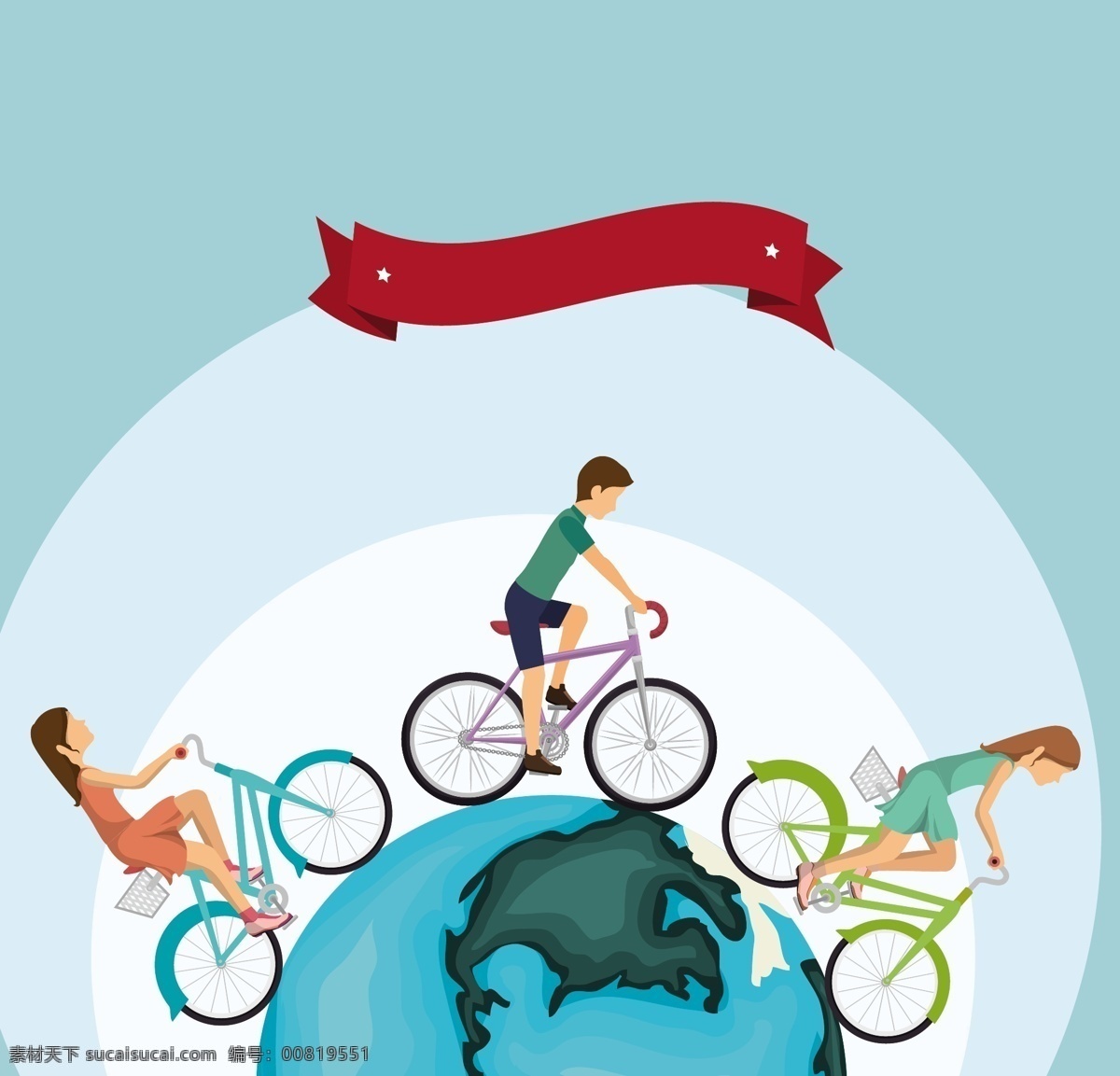 自行车 人物 矢量 背景 地球 骑手 健身运动 绸带 标识 矢量素材 生活方式 倡导 健康 低碳环保