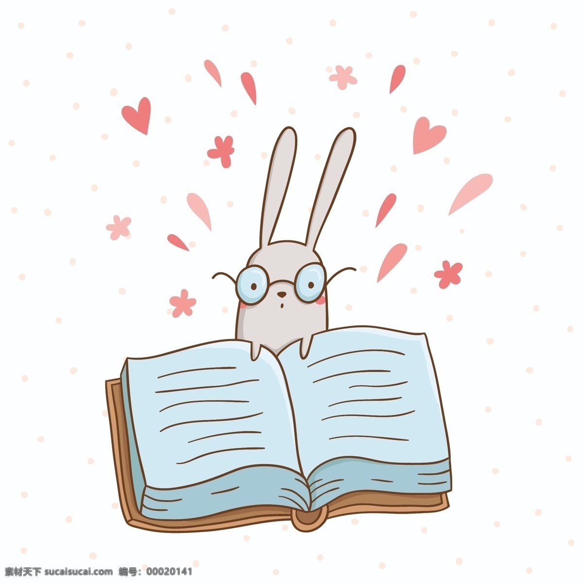 可爱 兔子 一本 大书 矢量 插图 兔子背景素材 广告设计模板 ai素材 书本素材 爱心 眼镜 学习 卡通