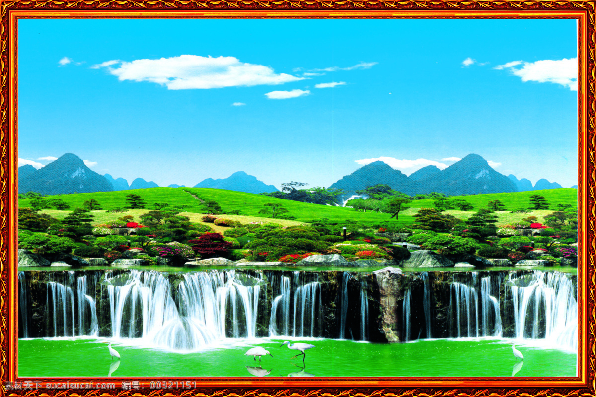 壁画 草地 风景画 高山流水 花圃 蓝天白云 瀑布 山 瀑布设计素材 瀑布模板下载 瀑布美景 鲜花 树 自然风光 自然景观 装饰素材 山水风景画