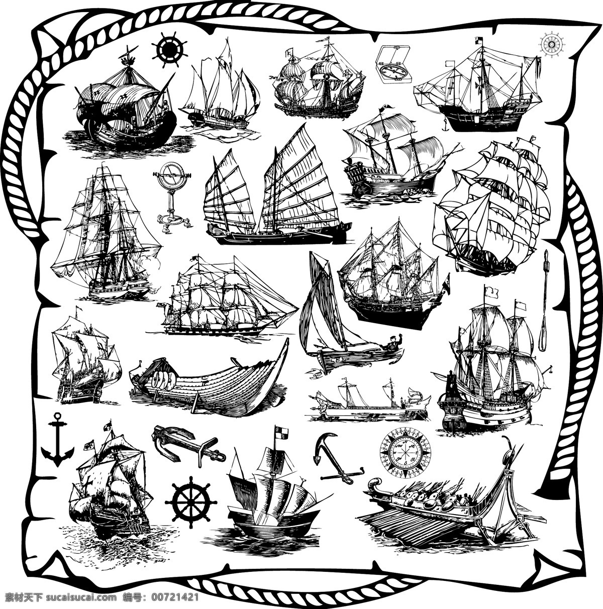 轮盘 帆船 矢量帆船 海盗船 锚 帆船绳索 黑白帆船 舵手 轮舵 大型帆船 小帆船 零售素材