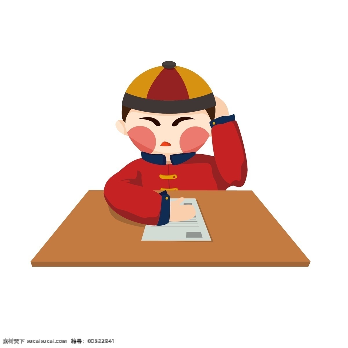 考试 答题 写字 读书 矢量 年画 娃娃 学习 男孩 中国风 红色 帽子 试卷 年画娃娃 挠头