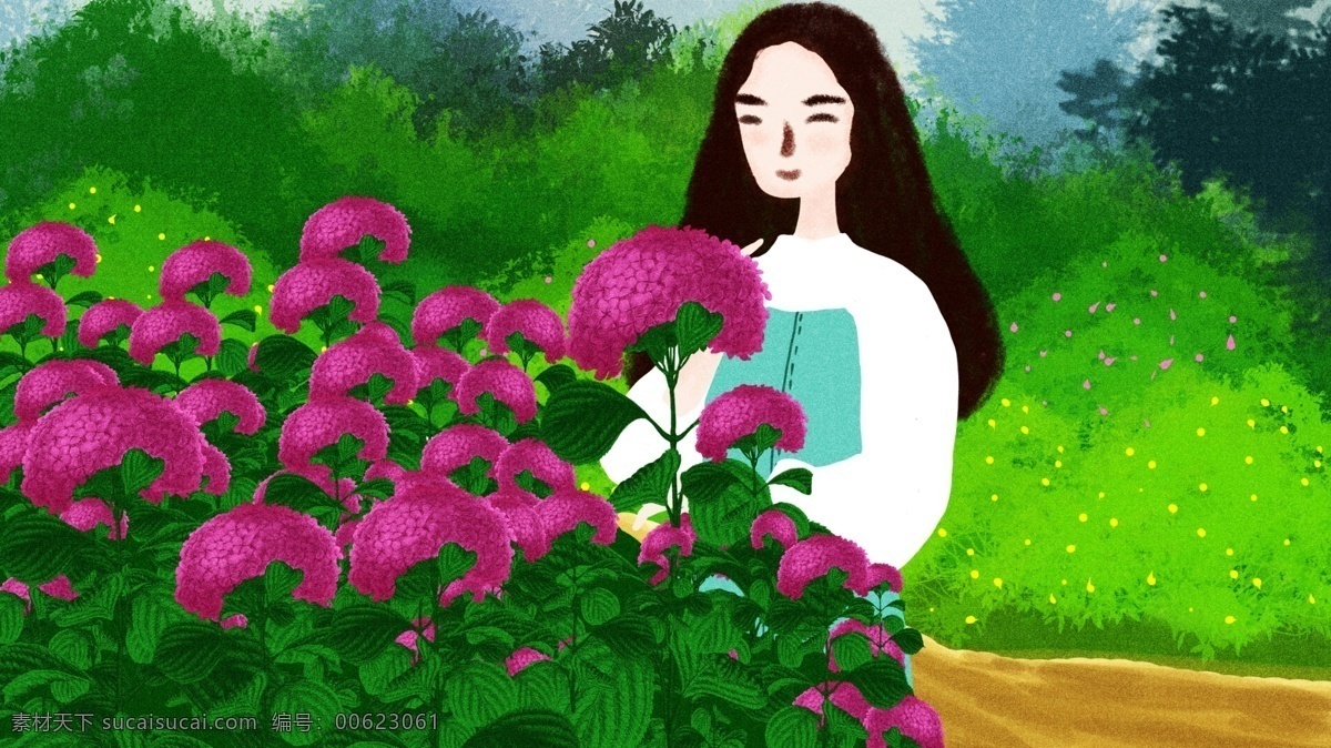 你好 月 绣球 花开 季 原创 插画 绣球花 花园 花朵 绿色花园 卡通插画女孩