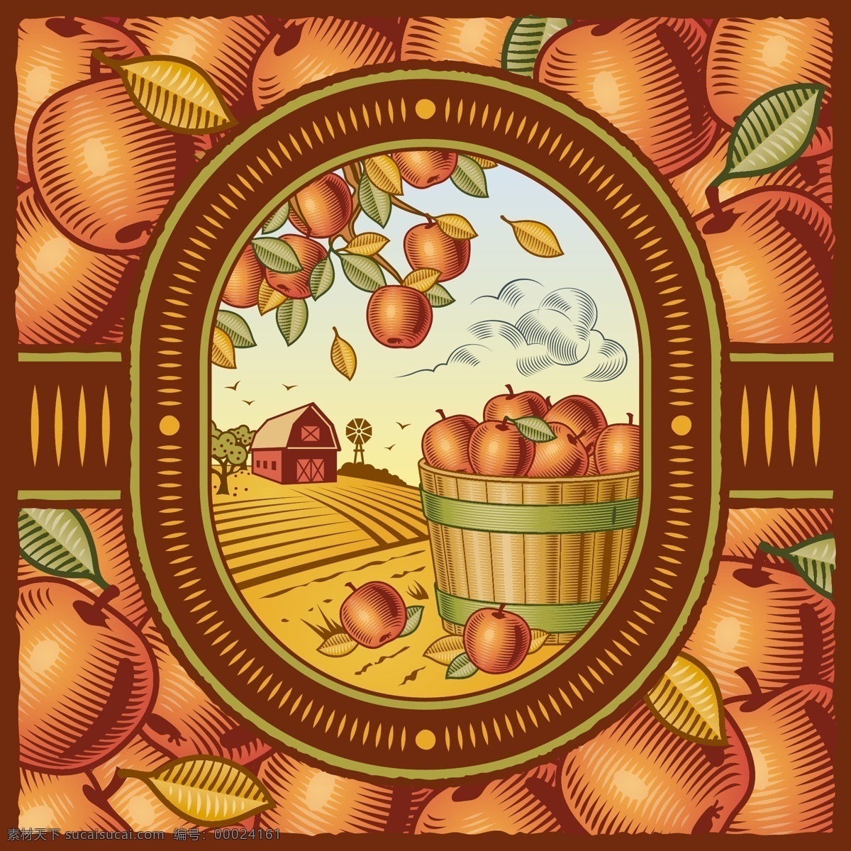 丰收的秋天 苹果园 丰收的苹果园 矢量苹果 田野 秋天 矢量果园 矢量 橙色
