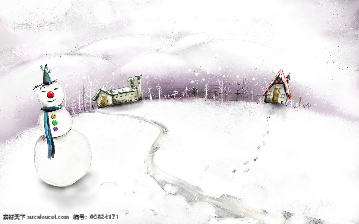 快乐的小雪人 风趣的小雪人 白雪 厚厚的积雪 小房屋 脚印 寒冷的冬天 动漫动画 风景漫画
