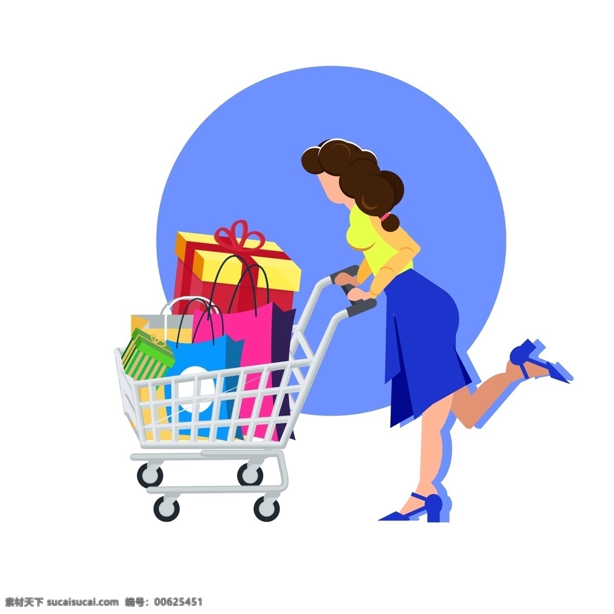 创意 购物 节 女人 购物车 购物袋 商品 商场 百货 手绘 礼物 车子