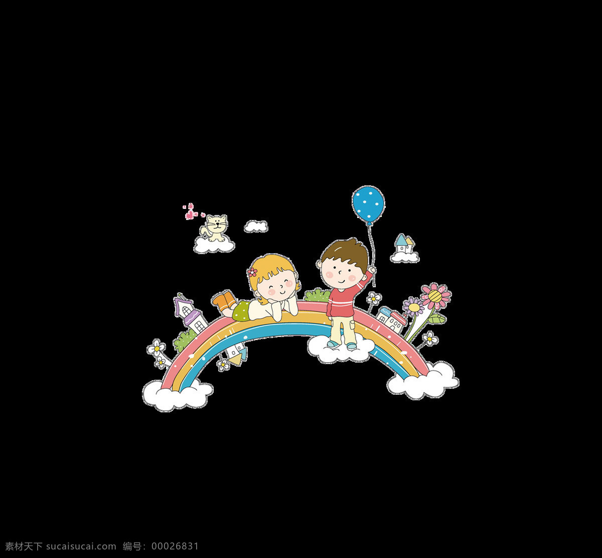 手绘 卡通 儿童 玩耍 装饰 彩虹 气球 花朵 房子 女孩 男孩 云朵