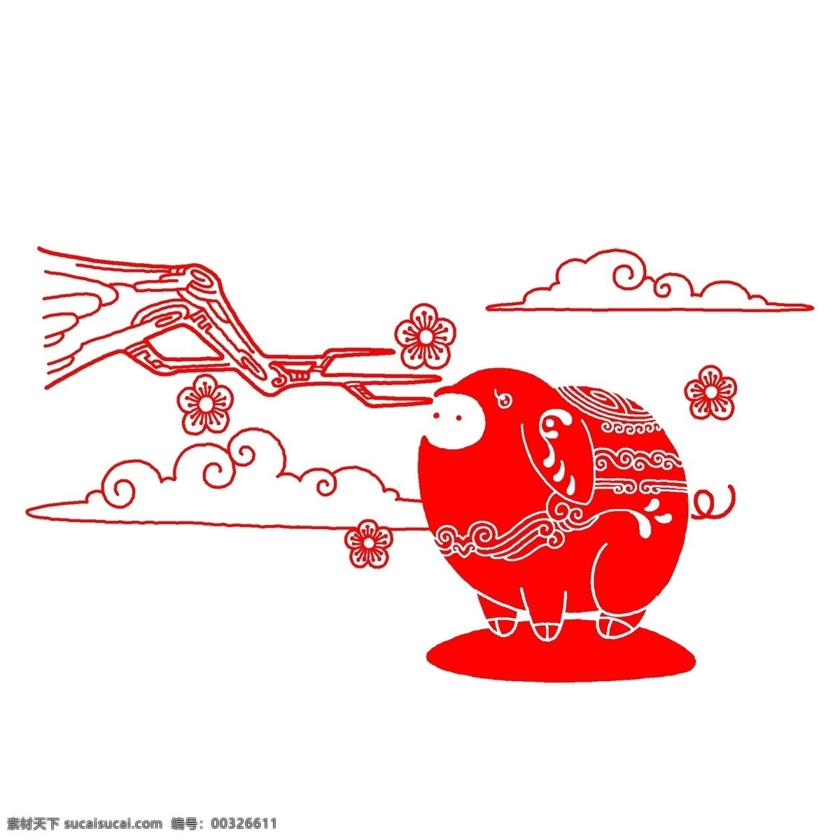 手绘 红色 剪纸 小 猪 插画 红色的剪纸 漂亮的剪纸 红色的小猪 镂空的梅花 手绘剪纸插画 创意剪纸插画