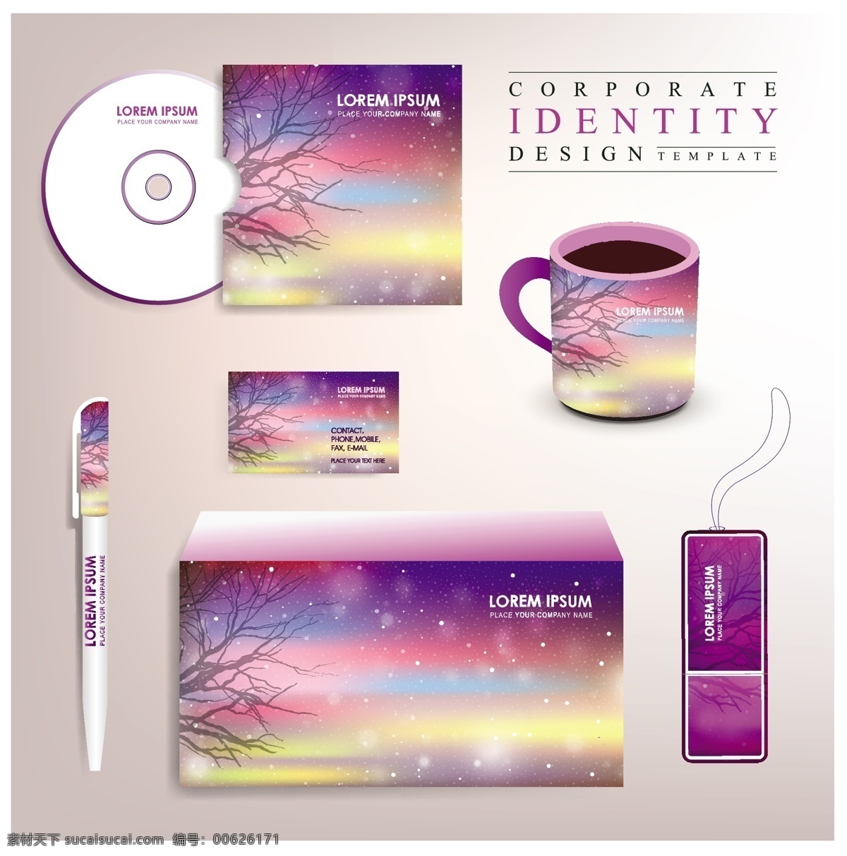 紫色 vi 应用 模板 梦幻背景 企业vi紫色 背景 马克杯 cd 包装 信封 吊牌 白色