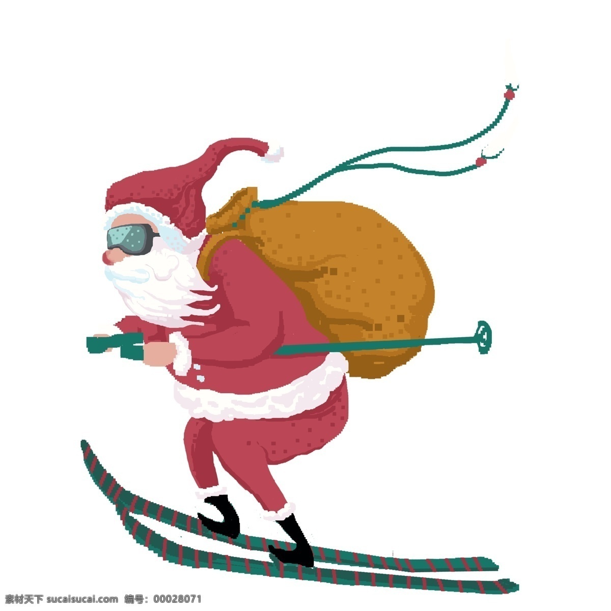 可爱 滑雪 圣诞老人 年代 复古 像素 化 商用 元素 卡通 创意 插画 圣诞节 像素化