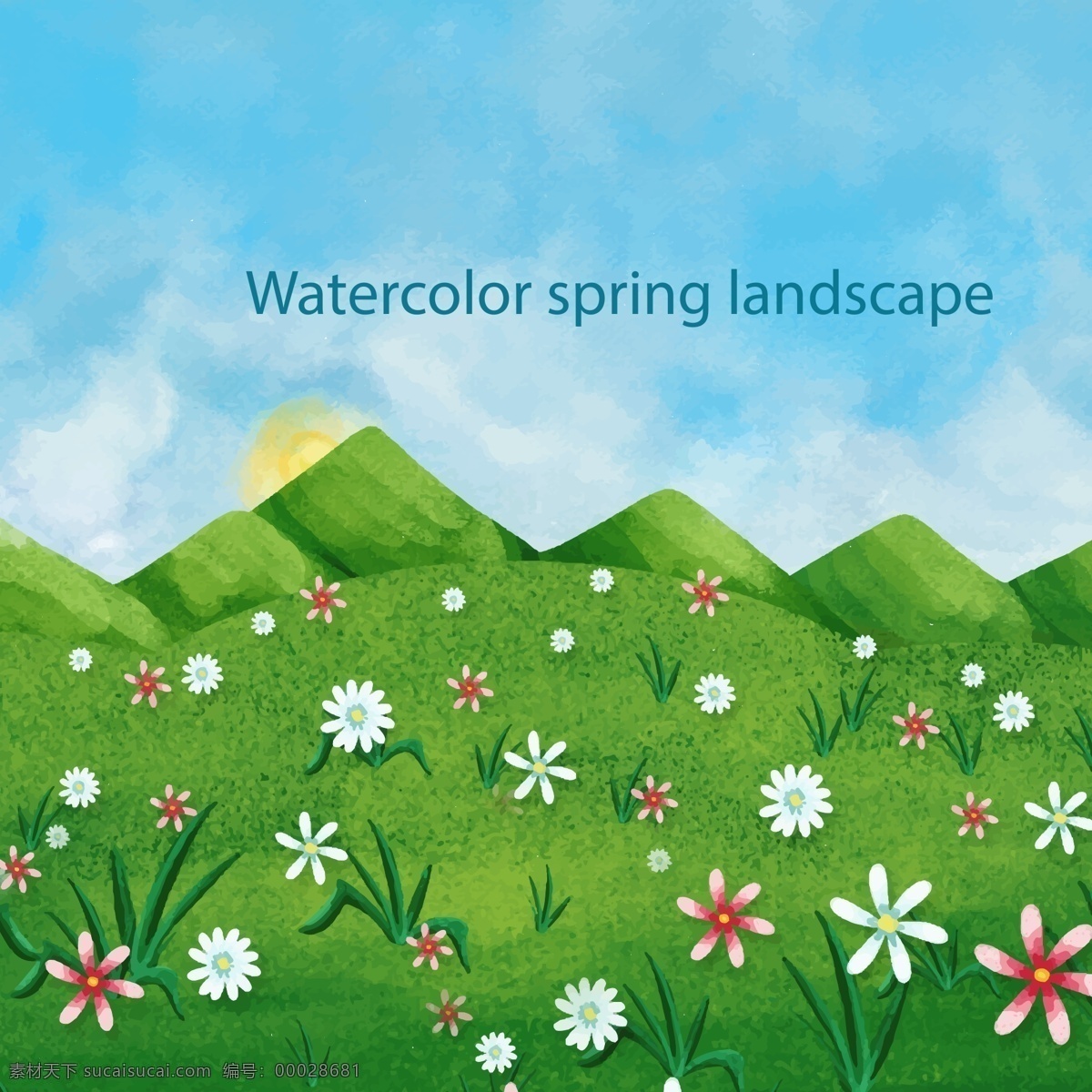 水彩 自然 绿色 风景 花卉 春天 花朵 白云 山脉
