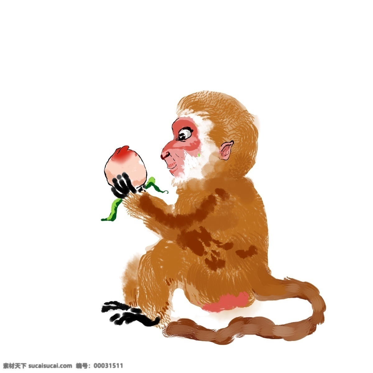 猴子 吃 桃 手绘 中国 风 水墨 系列 二 猴子吃桃 中国风 白色 咖啡色 黑色 国风系列 国画 粉色 红色