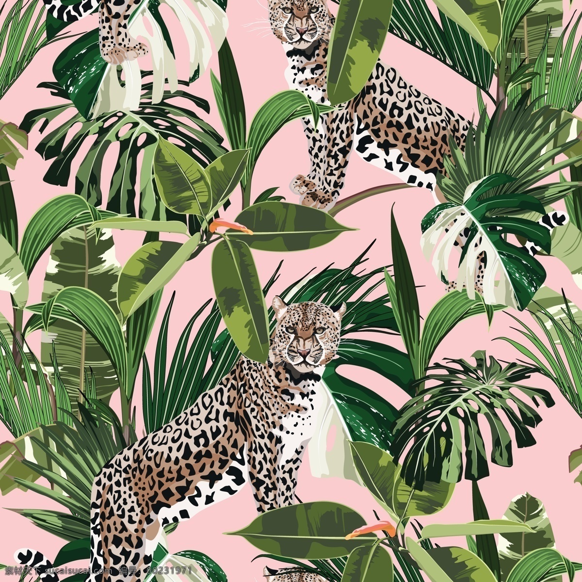 热带植物 豹子 矢量图 局部图案 森林 数码印花