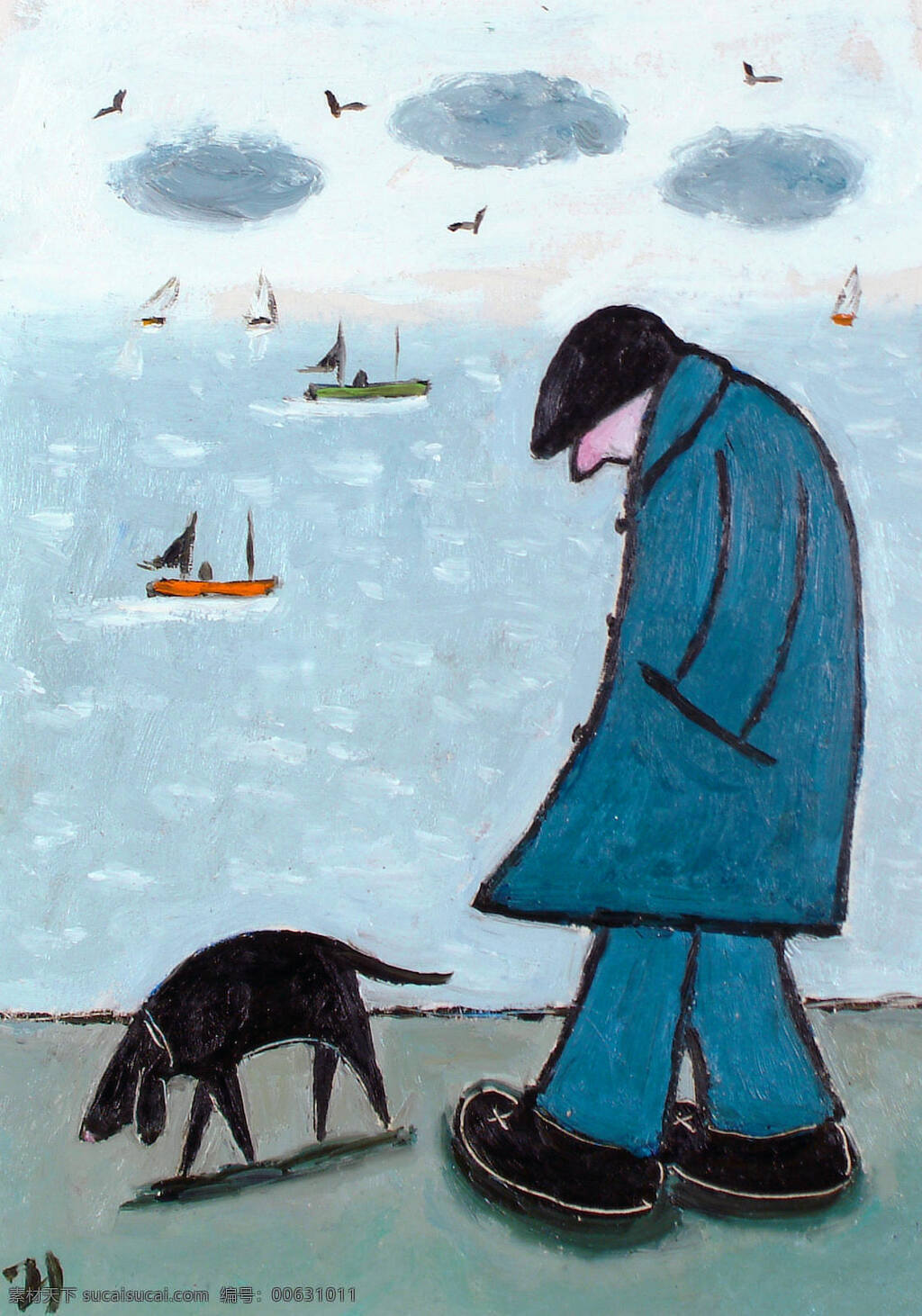 乔吉 尔克 里斯特 作品 英国画家 海岸 大海 船只 水鸟 岸边 一男子 等待 狗 20世纪油画 油画 文化艺术 绘画书法