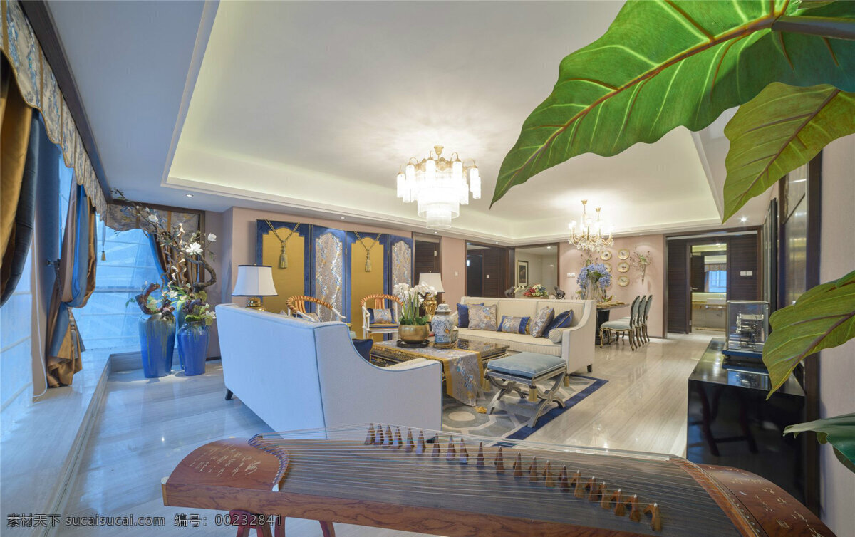 美式 客厅 水晶 吊灯 装修 效果图 花纹蓝色地毯 蓝色窗帘 盆栽 浅色地板砖 植物
