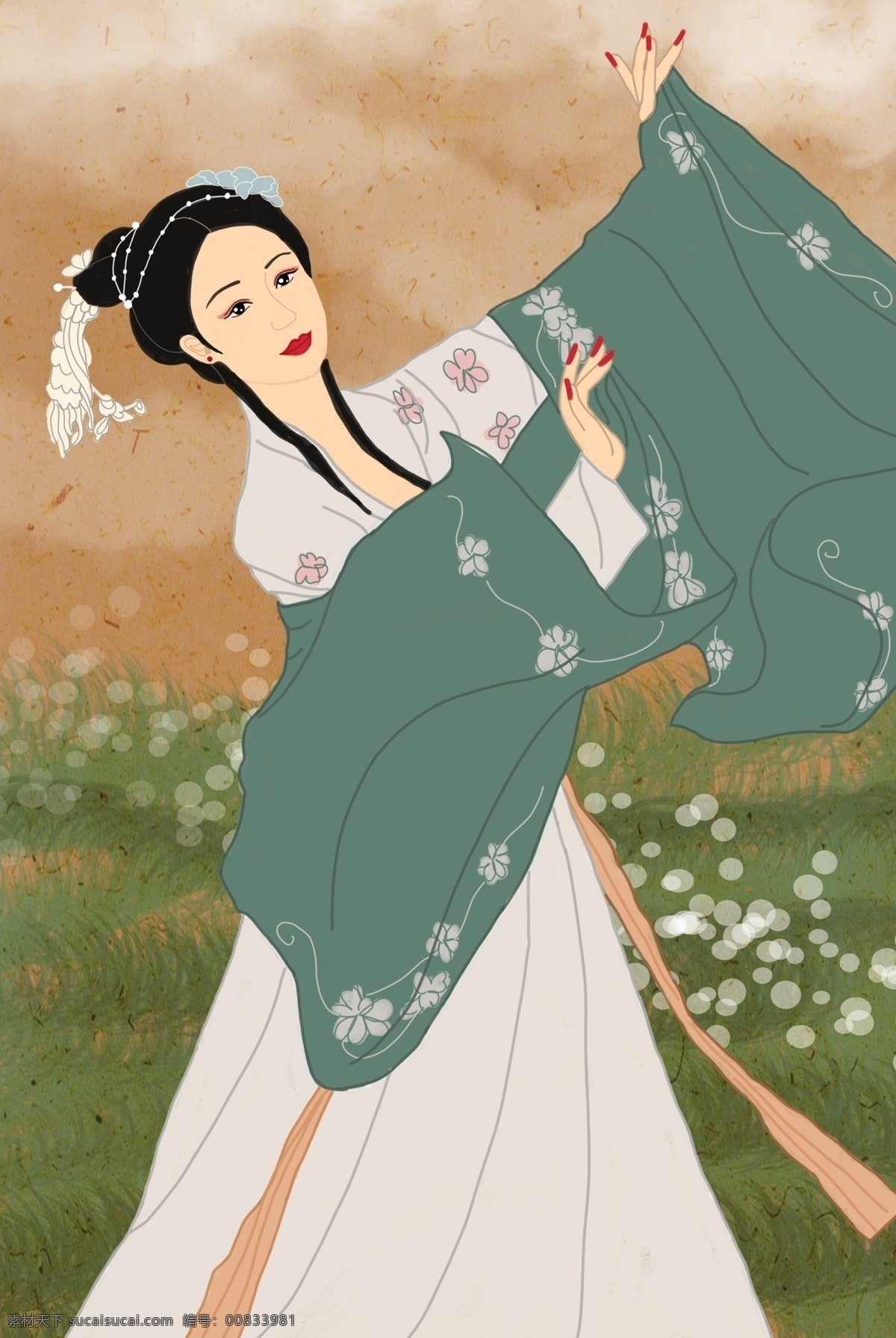 中国 传统文化 汉 服 服饰 古装 女子 传统 文化 汉服 起舞 手绘插画 分层
