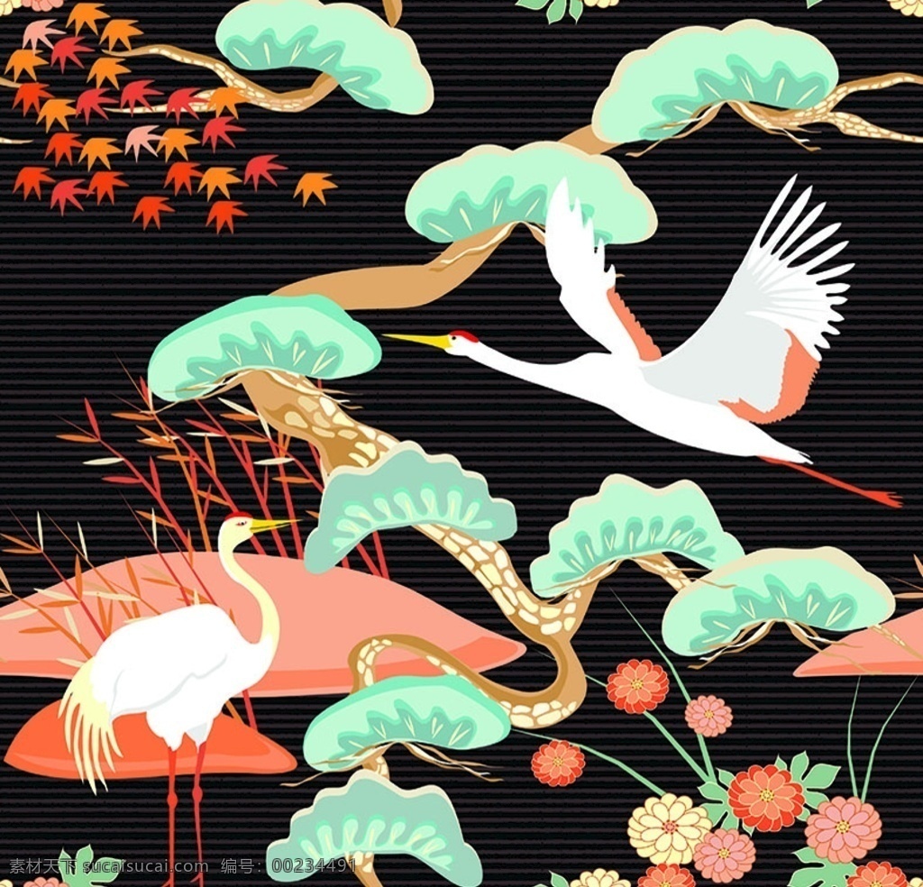 仙鹤 日本传统图案 和服印花纹样 日式纹理背景 线条纹样 日式花纹