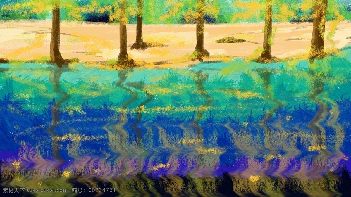 秋分 森林 插画 插图 二十四节气 湖水 倒影 树林 早安 秋天 风光建筑