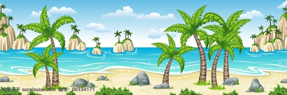海洋 绿州 风景 插画 大海 夏天 沙滩 植物 绿洲 椰树