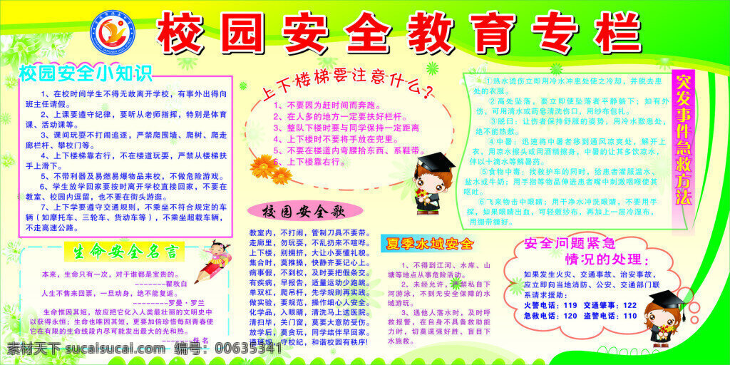 校园 安全 教育 专栏 宣传栏 板报 安全小知识 安全歌 安全名言 水域安全 急救方法 校园安全 学校展板 白色