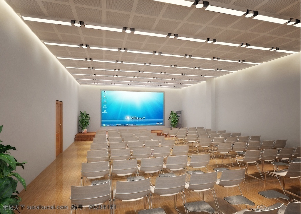 培训 室 3d 效果图 培训室 会议室 木地板 椅子 大屏幕 吊顶 植物 盆栽 3d设计 室内模型 max