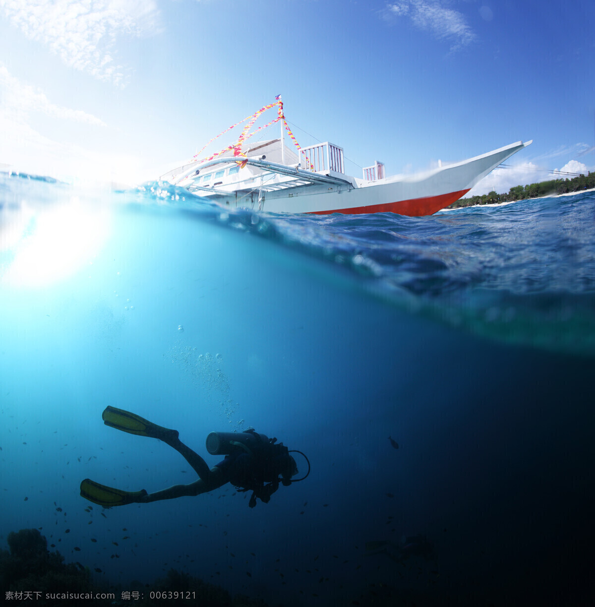 大海 客船 蓝天 白云 船 树 潜水员 海底 大海图片 风景图片