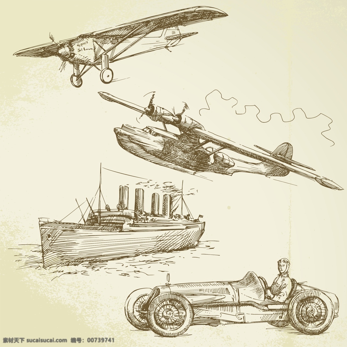 手绘 素描 交通工具 古老 汽车 轮船 飞机 滑翔机 蒸汽机 矢量素材 其他矢量 矢量