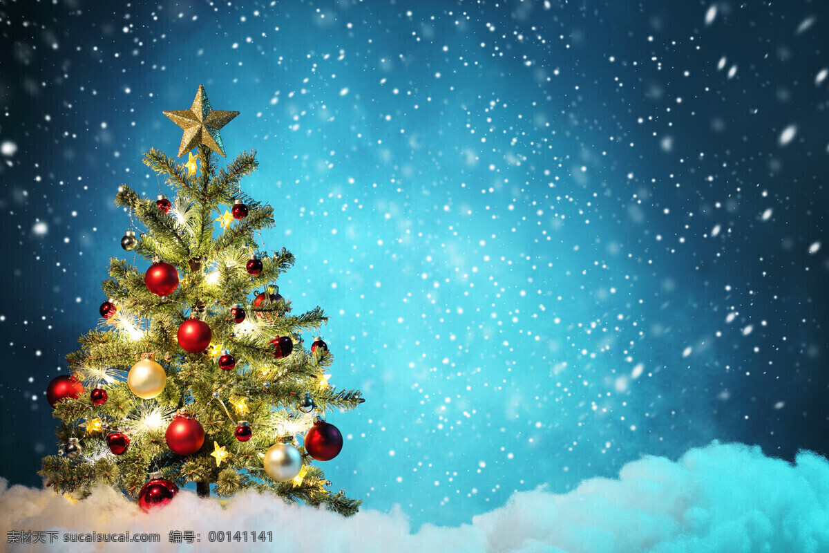 蓝色 雪地 中 圣诞树 梦幻 圣诞节 背景 节日庆典 生活百科