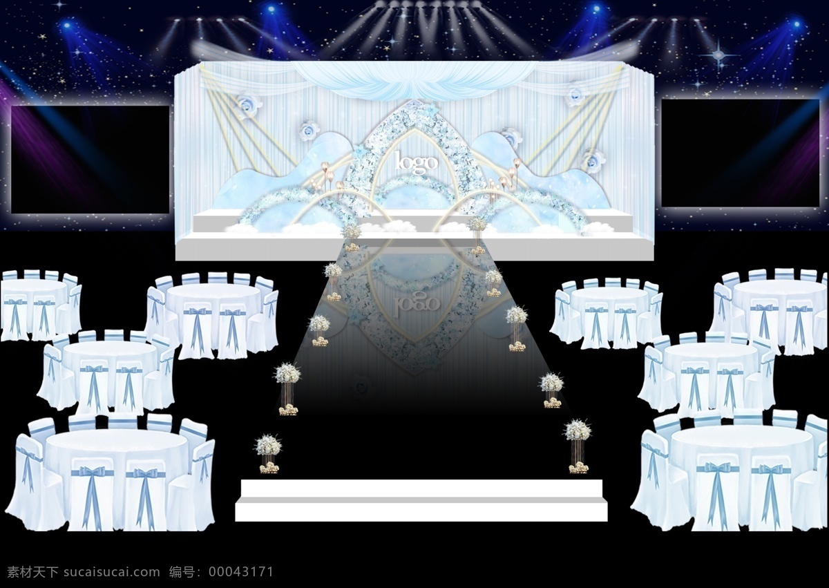 蓝色 浪漫婚礼 舞台 灯光 桌椅 绸缎 金色 布幔 半弧形 花条 顶幔 纸花 金属框架 路引 镜面