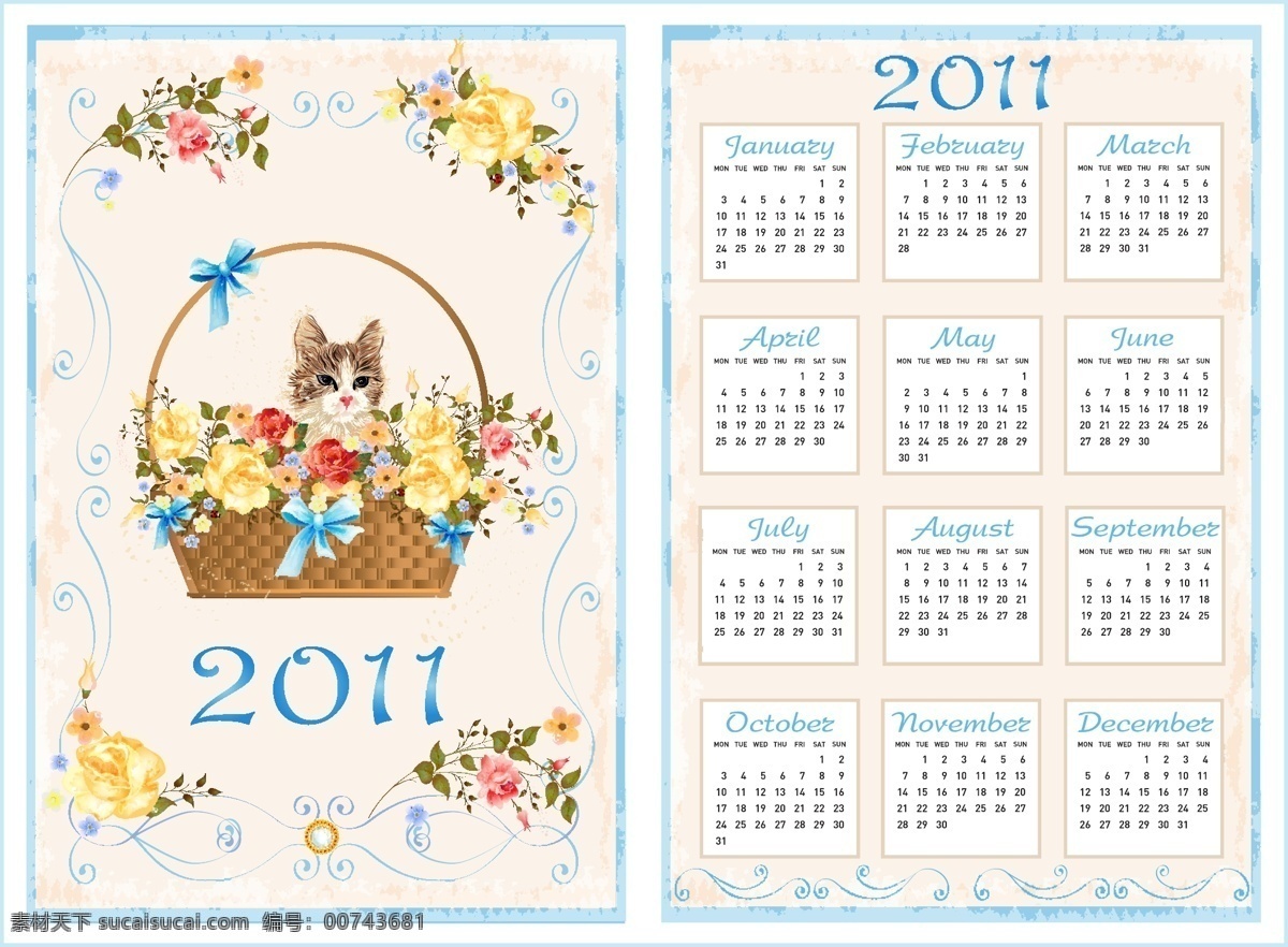 2011 年 卡通 猫 日历 矢量 卡通猫 线条猫 简约 可爱 2011年 新年 年历 挂历 模板 高清 背景 矢量素材 红色