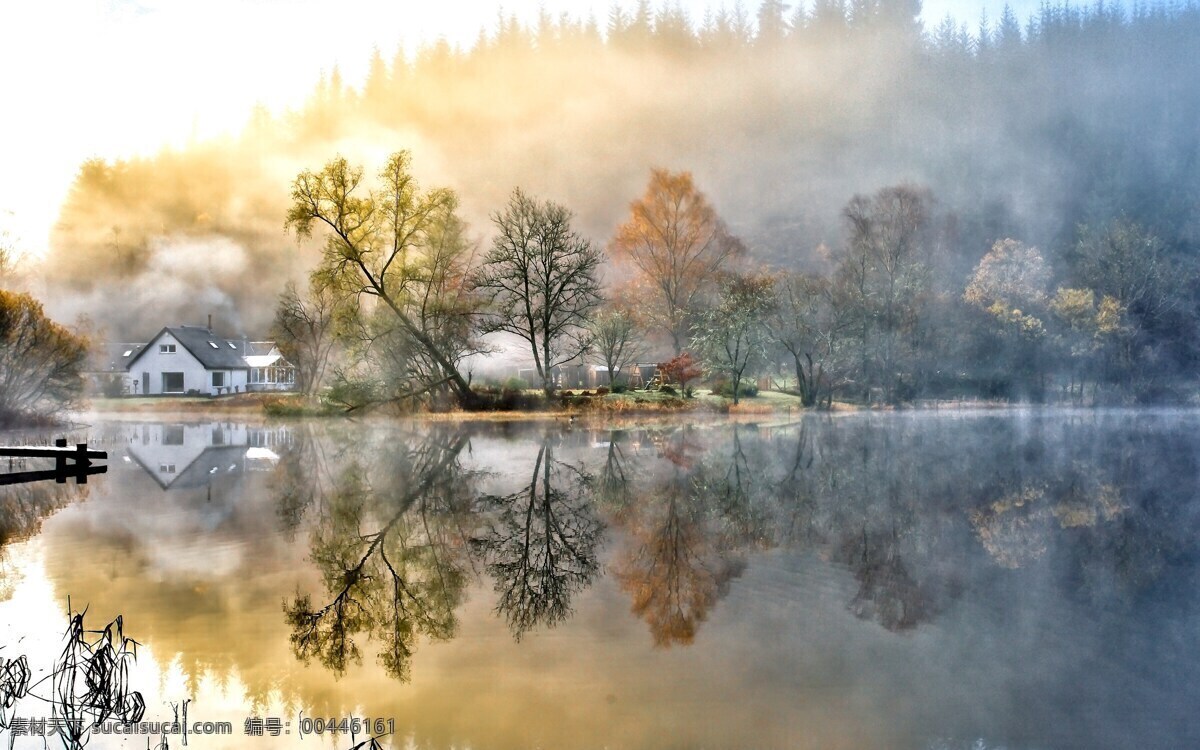 湖边的清晨 早晨 湖畔 湖泊 森林 房子 美丽的画 静谧 雾 阳光 自然 风景 山水风景 自然景观