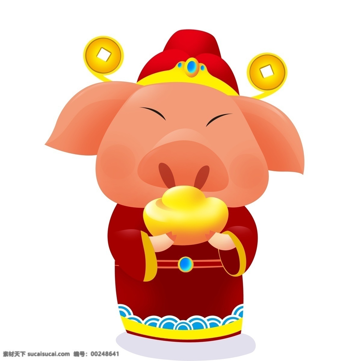 大年初二 猪 财神 卡通 插画 小猪 金元宝 手绘 春节元素 2019年 新年 猪年 小猪形象 猪年形象 拜年