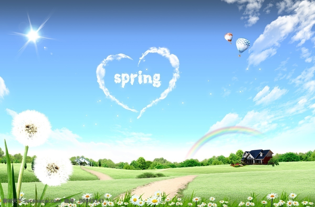 蓝天 白云 绿地 风景 spring 彩虹 草地 草原 草原风景 蓝天白云 蓝天白云绿草 绿地风景 绿色植物 心形云彩 野花 欧洲 牧场 里 房子 小房子 热气球 psd源文件
