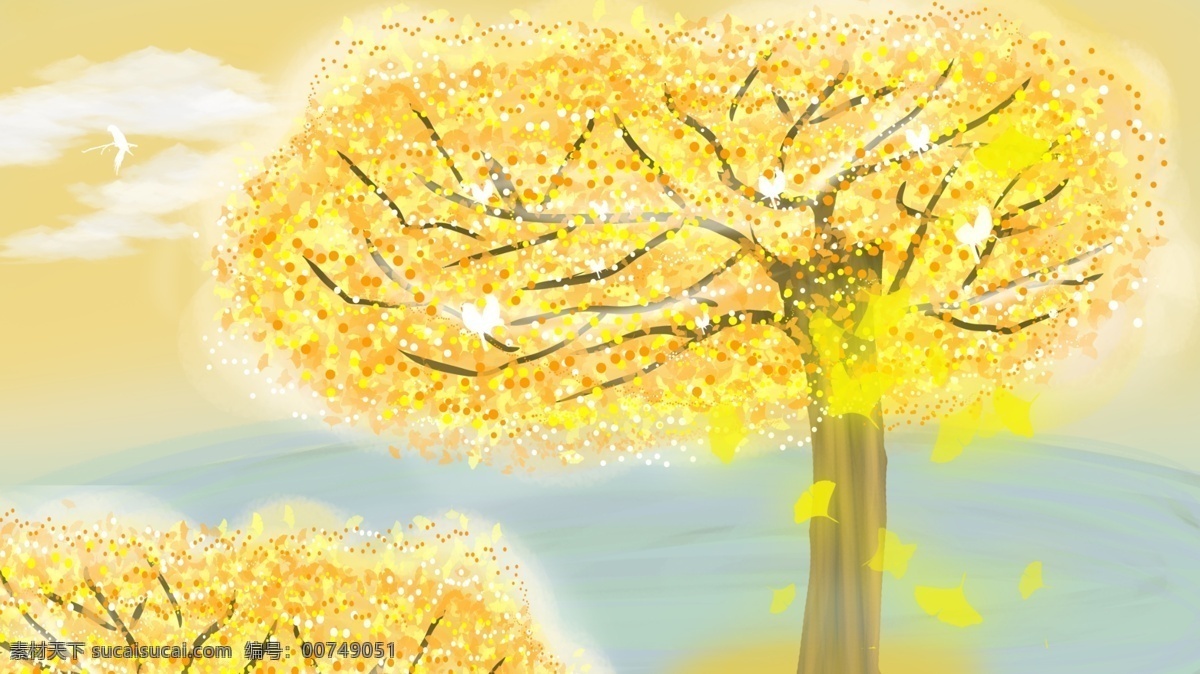 彩绘 秋季 大树 落叶 背景 树林 金色 psd素材 秋天背景 彩绘背景 秋季背景