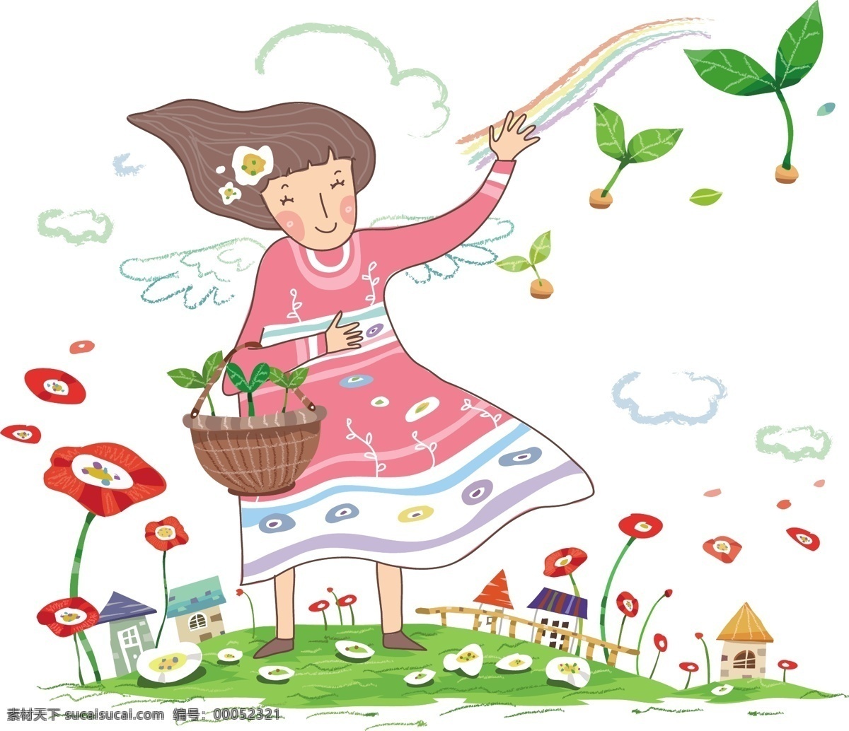 种树 女孩 插画 场景 故事 韩国 卡通 情景 人物 童话 矢量 矢量图 矢量人物