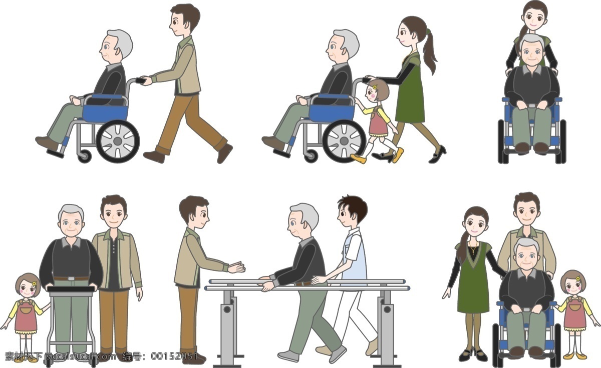 卡通老人 卡通轮椅 尊老爱幼 尊敬老人 推轮椅 康复训练 医疗 护理 卡通人物 动漫动画 动漫人物