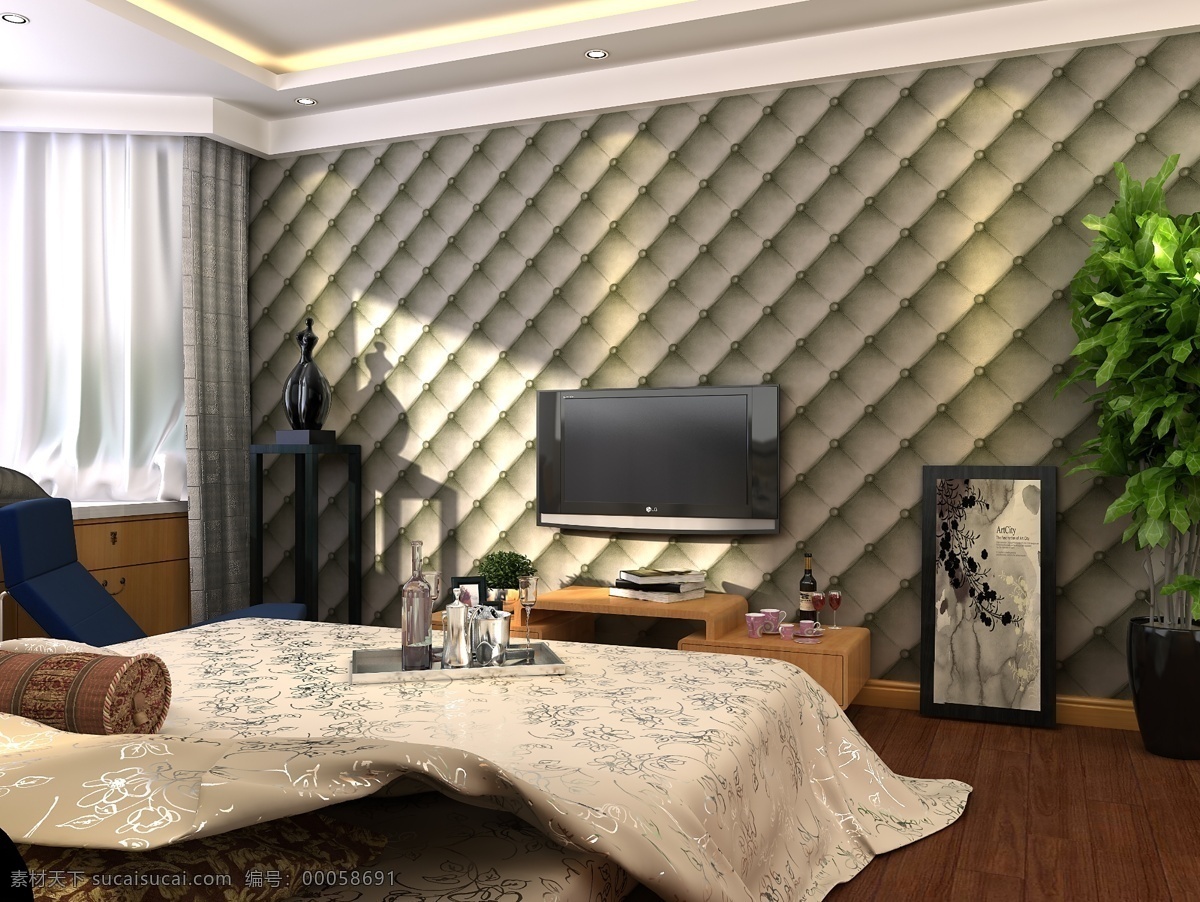 卧室 软 包 墙纸 效果 渲染 现代简约 软包 效果图 壁纸 室内 场景 室内设计 环境设计