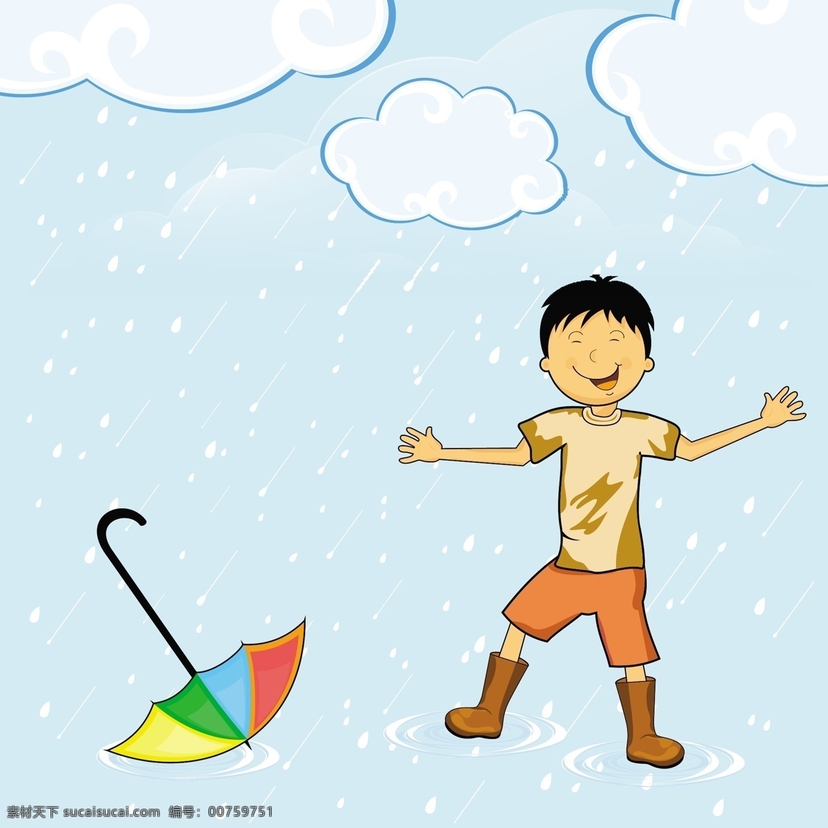 下雨天 不 打伞 男孩 模板下载 坏天气 雨伞 雨鞋 雨滴 彩虹伞 云朵 儿童幼儿 矢量人物 矢量素材 白色