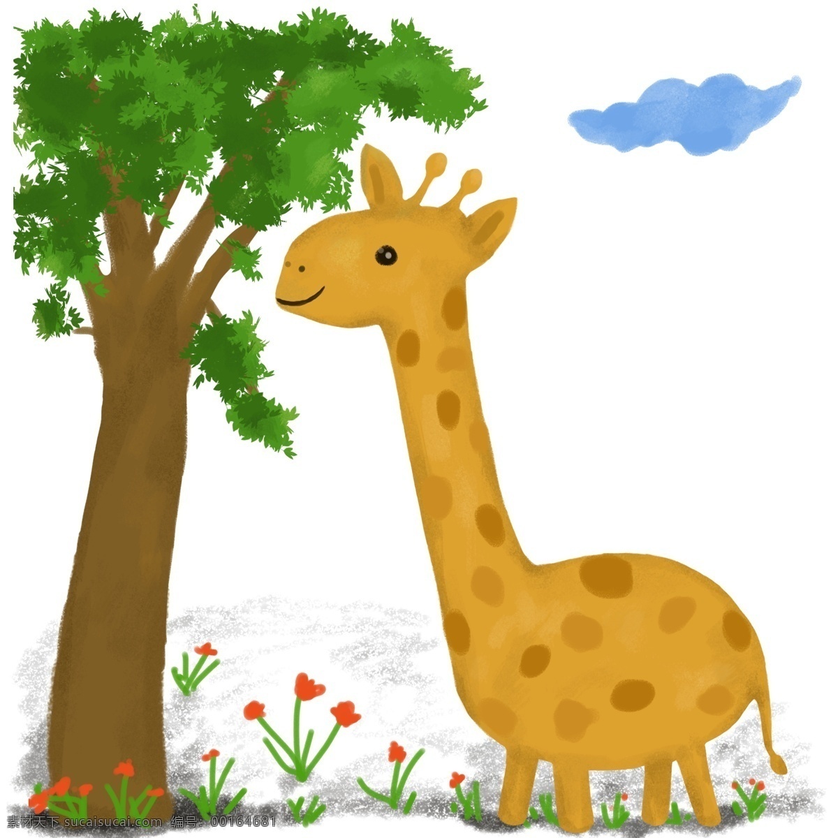 手绘 树底下 长颈鹿 卡通 元素 大自然 树 可爱 配图 儿童画 云彩 小草