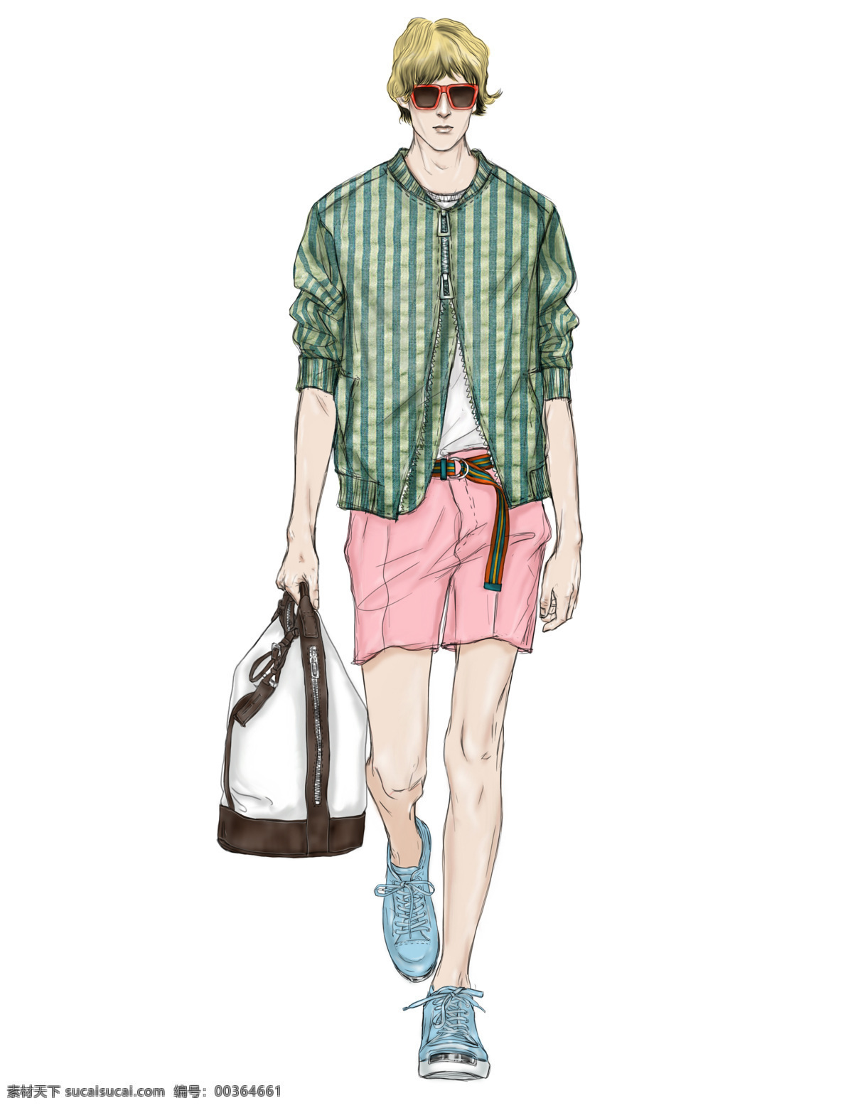 时尚 绿色 条纹 衬衫 男装 效果图 粉色短裤 服装设计 蓝色衬衫 男装效果图 时尚男装
