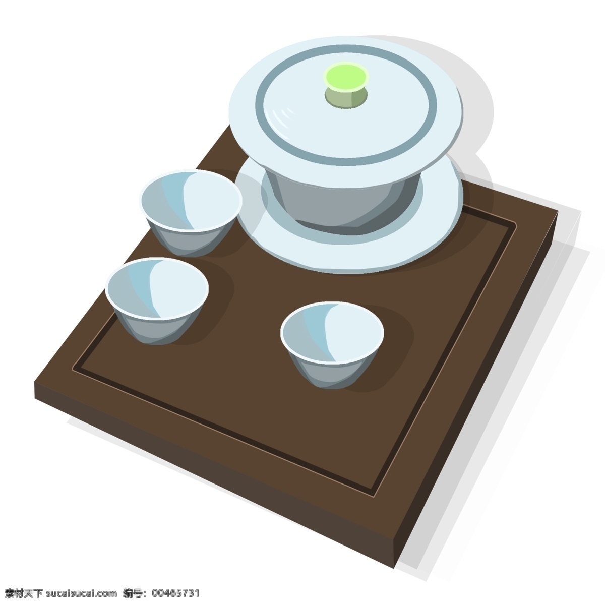 手绘 d 图 茶具 插画 手绘茶具 漂亮的茶具 喝茶用品 瓷器茶具 浅蓝色茶具 茶杯子 棕色的桌子