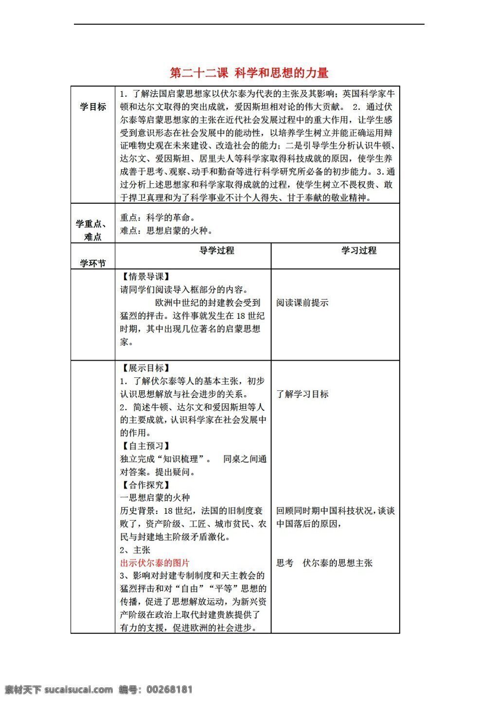 九 年级 上册 历史 课 科学 思想 力量 教案 人教版 九年级上册