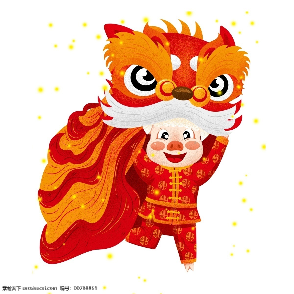 传统 中国 风 舞狮 舞龙 猪 喜庆 春节 插画 传统文化 中国风 卡通 新年 猪年 2019年 过年 小猪形象 猪年形象 中国年