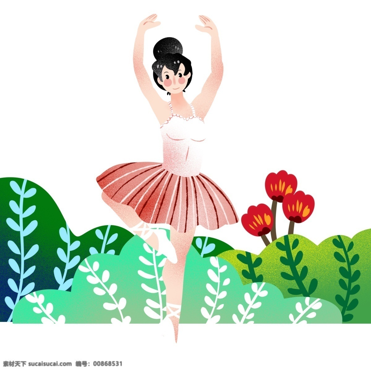 跳舞 女孩 小花 插画 运动健身插画 红色的小花 绿色的叶子 漂亮的小女孩 跳舞的小女孩 卡通人物