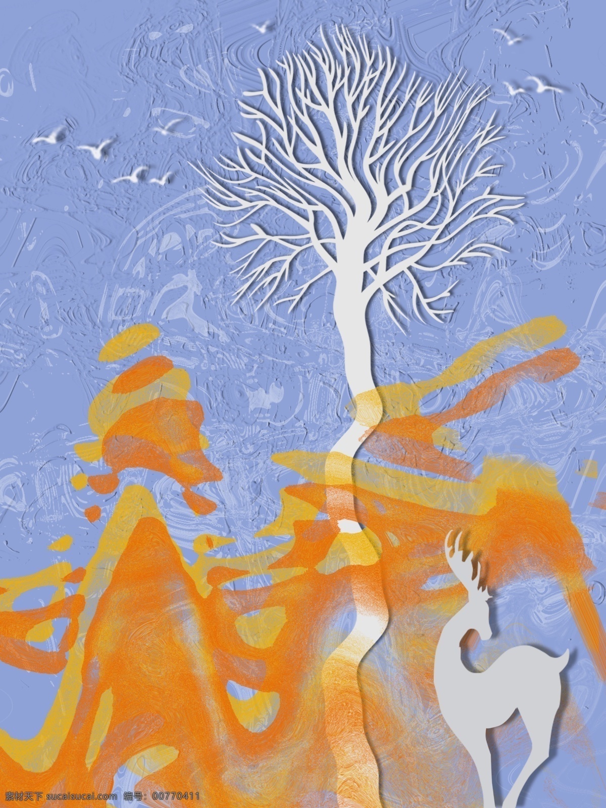 现代 橘 色丝 带 山 客厅 装饰画 剪影树 白色飞鸟 剪影小鹿 蓝色背景 橘色抽象山